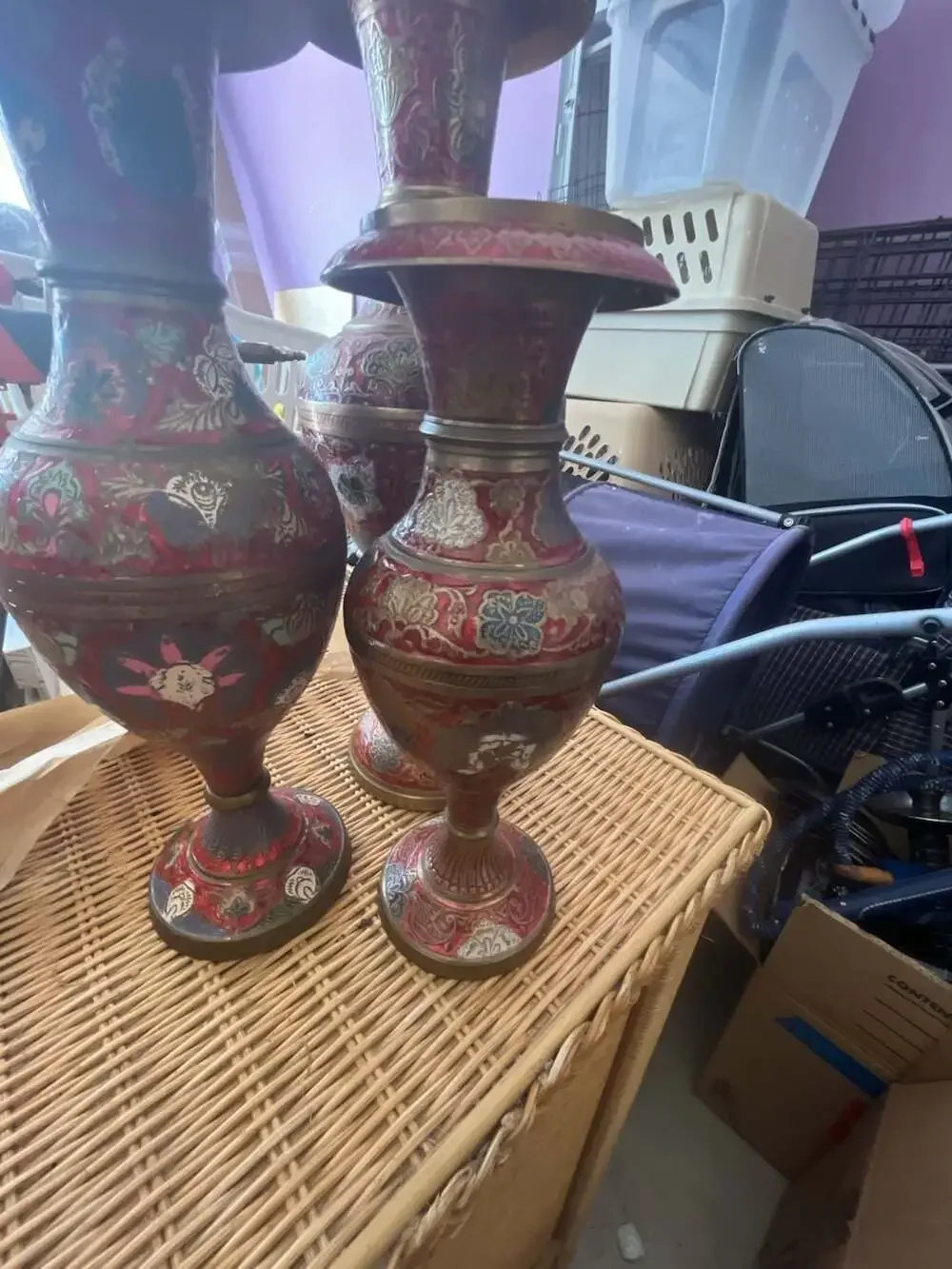 Set of 3 Vintage Indian  Hand-Painted Enamel and Brass Floral Vases
